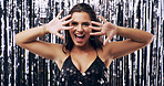 Streamers, excited and portrait of woman at party for New Years Eve, club event and celebration. Happy, nightclub and person with aesthetic, sparkles and fashion for disco, rave and entertainment