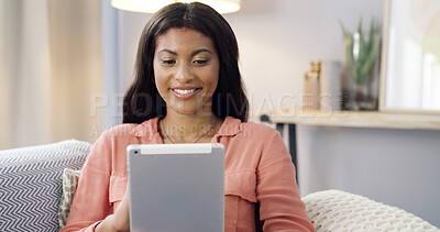 Buy stock photo Home, smile and woman on sofa, tablet and online reading with connection, app and relax. Apartment, tech and happy person with internet, chatting and network with website info and social media