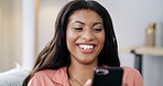 Woman, phone and laugh for texting on sofa, relax or contact on web chat with online dating at home. African person, smartphone and happy with mobile app, meme and social media on couch at apartment