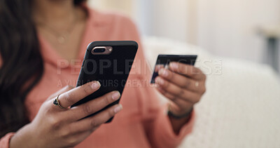 Buy stock photo Hands, phone and payment with credit card on sofa for online shopping, deal or discount in home. Person, smartphone and click with e commerce, sale or bills on fintech app with banking at apartment