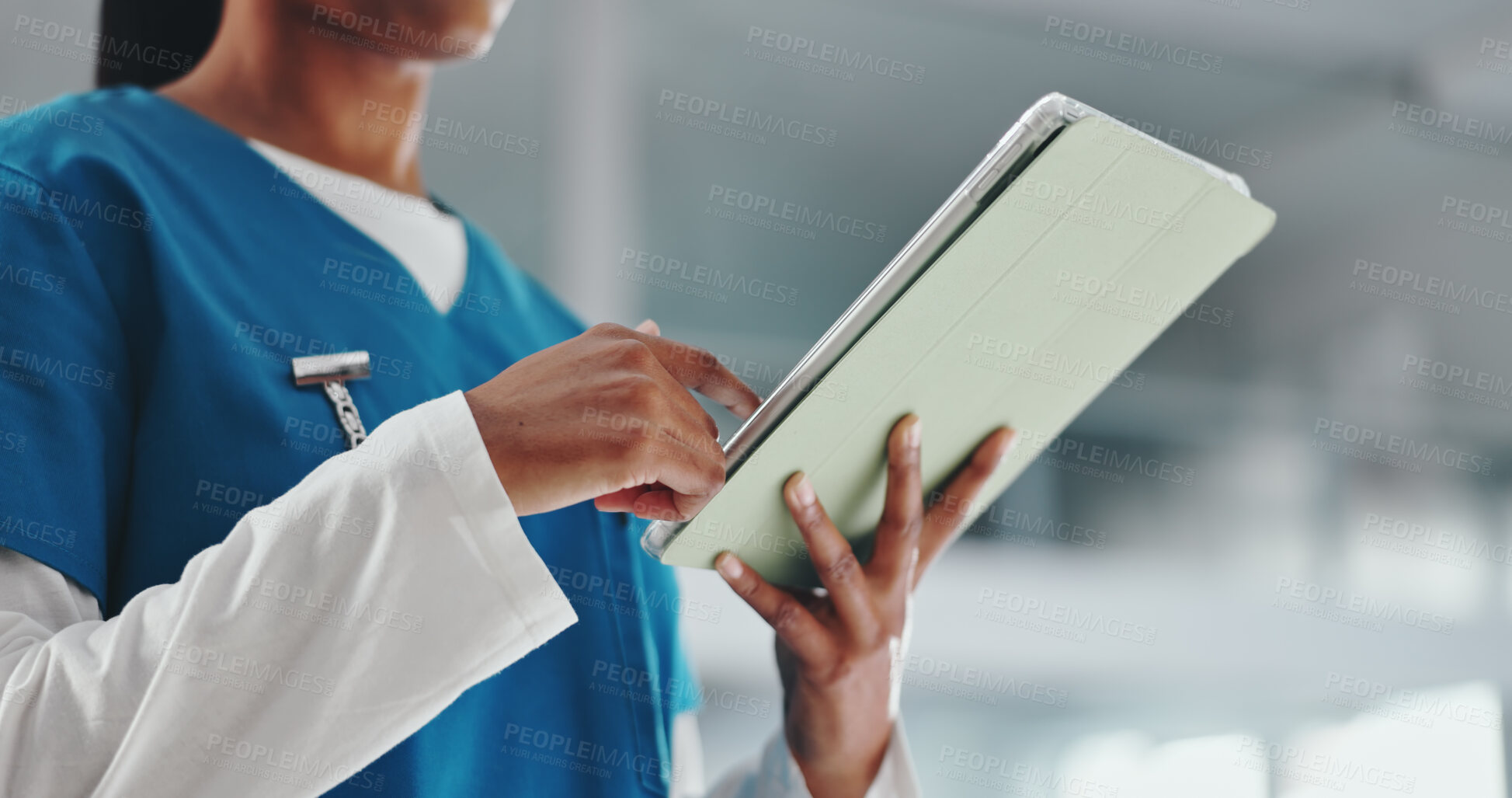 Buy stock photo Tablet, nurse and hands in hospital for medical review, telehealth and check schedule online. Digital technology, app and healthcare worker in clinic for email, research or information with report