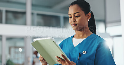 Buy stock photo Tablet, nurse and woman in hospital for healthcare, telehealth and check schedule online. Digital technology, clinic and medical worker reading email, research and information with report for review