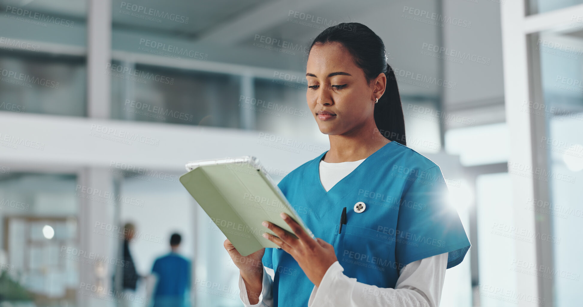 Buy stock photo Tablet, nurse and woman in hospital for medical review, telehealth and check schedule online. Digital technology, clinic and healthcare worker reading email, research and information with report