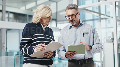 Buy stock photo Tablet, team and planning with doctors in hospital for medical administrator, search and clipboard. Surgery schedule, patient results and healthcare report with man and woman for telehealth app