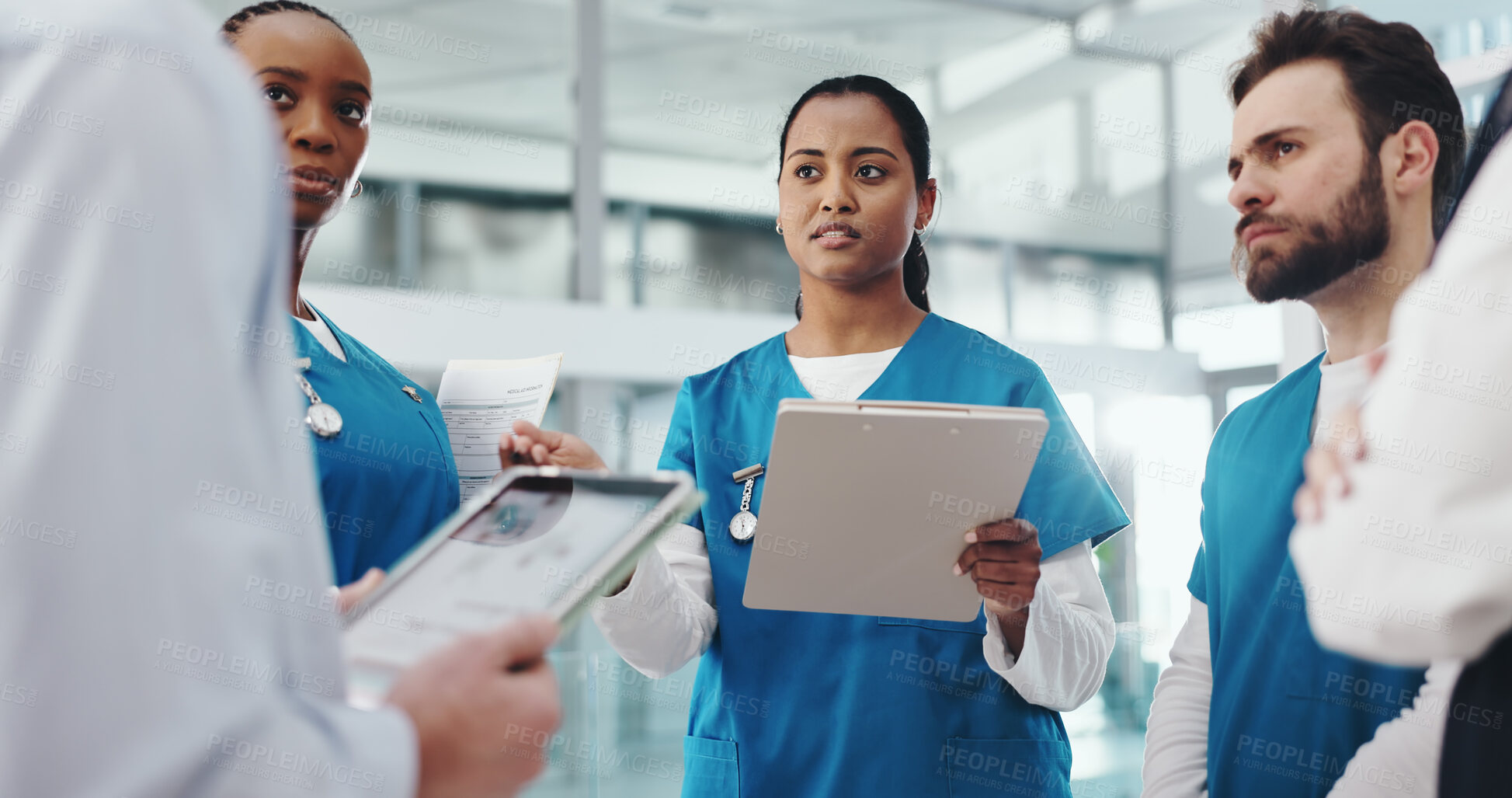 Buy stock photo Woman, nurse and clipboard with team in hospital of planning, medical report and surgery schedule. Staff, meeting and healthcare checklist, operation feedback and patient charts for treatment results