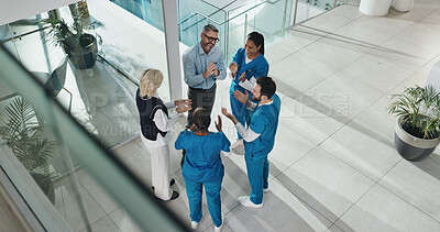 Buy stock photo People, nurse and applause in meeting at hospital for good news, promotion and surgery success. Above, staff and clapping hands for team congratulations, operation achievement and healthcare solution