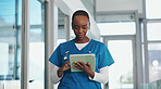 Tablet, nurse and black woman in hospital for medical review, telehealth or check schedule online. Digital technology, clinic and healthcare worker reading email, research and information with report