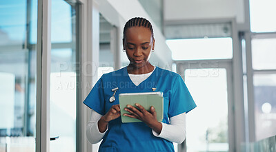 Buy stock photo Tablet, nurse and black woman in hospital for medical review, telehealth or check schedule online. Digital technology, clinic and healthcare worker reading email, research and information with report