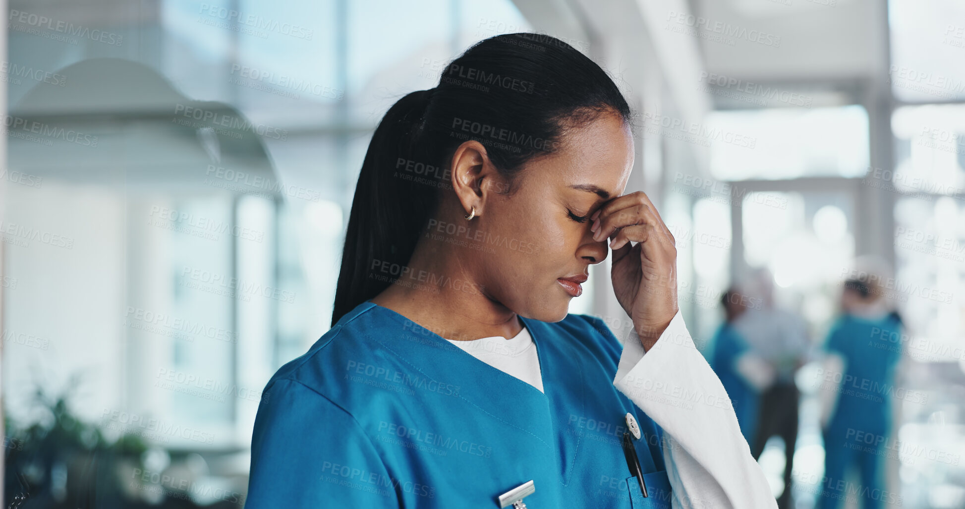 Buy stock photo Healthcare, stress and nurse with headache in hospital for surgery fail, worry and medical pressure. Employee, woman and tension migraine in clinic for bad news, health mistake or overwhelmed by loss