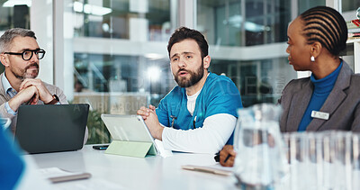 Buy stock photo Nurse, man and meeting with team in office for planning, medical report and feedback on finances. People, tablet and results for healthcare, surgery schedule and brainstorming for hospital funding