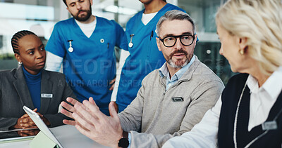 Buy stock photo Man, nurses and meeting with tablet in office for clinic budget, surgery cost and feedback. Medical staff, doctors and discussion with solution for hospital management, healthcare update and teamwork