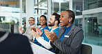 Woman, doctors and applause for team at meeting, excited or success with achievement at wellness clinic. People, medical staff and happy group with thanks, celebration and goals in hospital boardroom