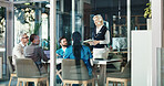 Boardroom, collaboration and meeting with business people in workplace for discussion or strategy. Coaching, development and teamwork with employee group in glass office for project management