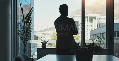Buy stock photo Thinking, window and back of businessman in office for proposal ideas, finance planning and problem solving. Corporate, consultant and worker with professional view, solution and decision for vision