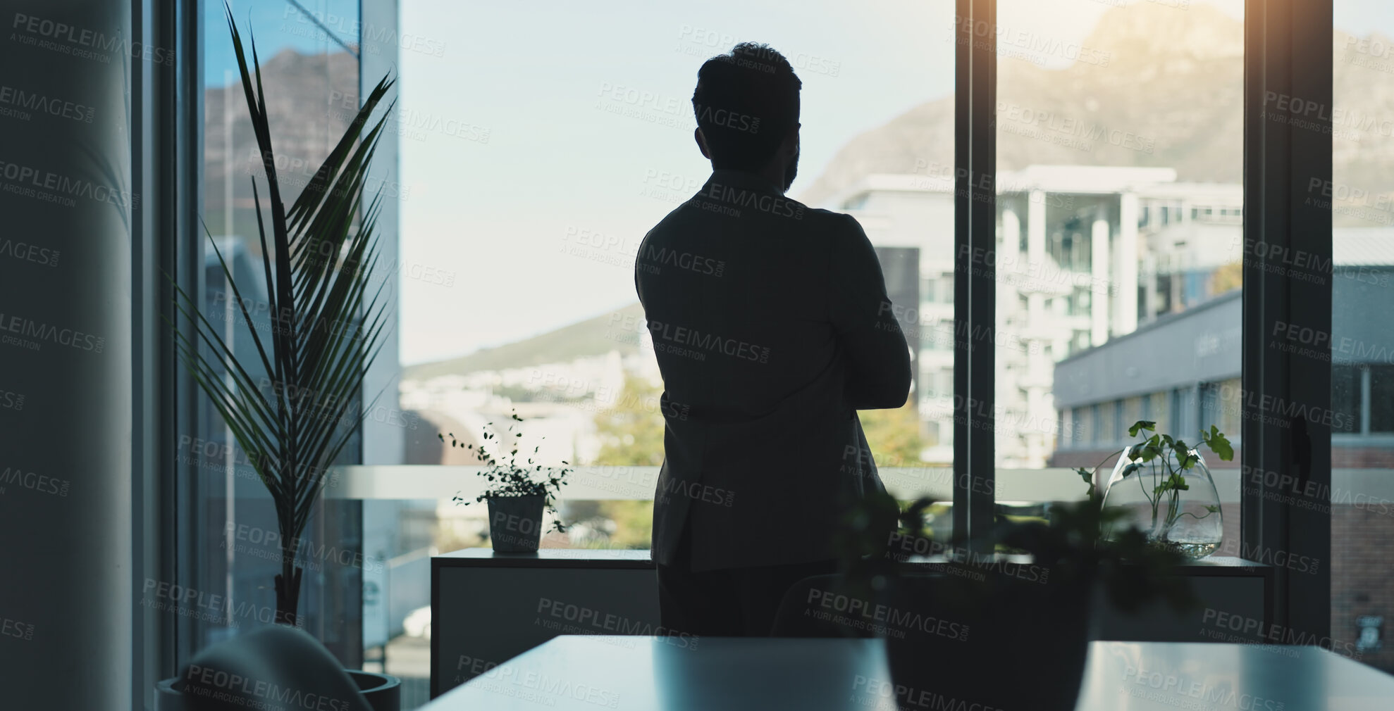 Buy stock photo Thinking, window and back of businessman in office for proposal ideas, finance planning and problem solving. Corporate, consultant and worker with professional view, solution and decision for vision