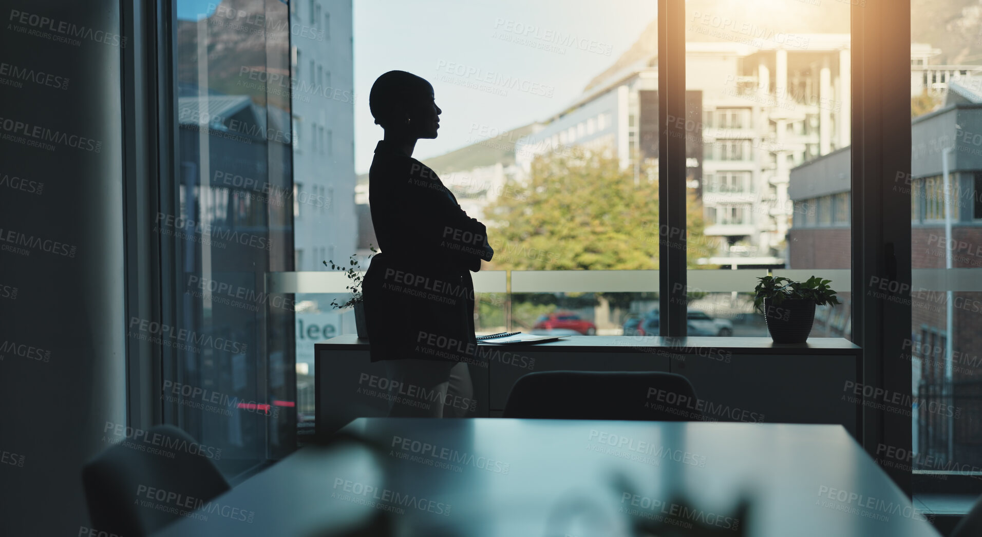 Buy stock photo Thinking, window and business woman for proposal ideas, finance planning and problem solving in office. Corporate, consultant and back of worker with entrepreneur vision, solution and insight