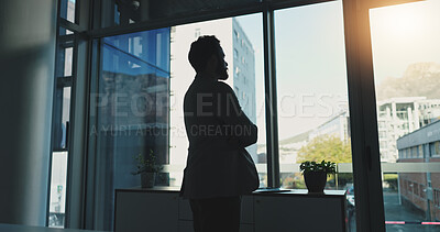 Buy stock photo Thinking, window and businessman in office for proposal ideas, finance planning and problem solving. Corporate, consultant and back of worker with professional view, solution and decision for vision