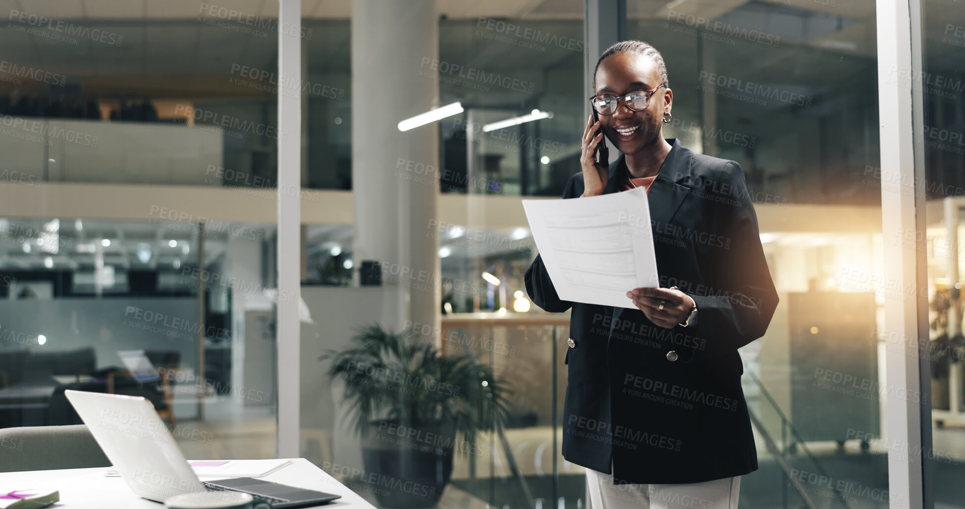 Buy stock photo Business, woman and phone call with paperwork in office for finance advice, budget planning or night. Financial advisor, black person and speaking to international client for debt review and feedback