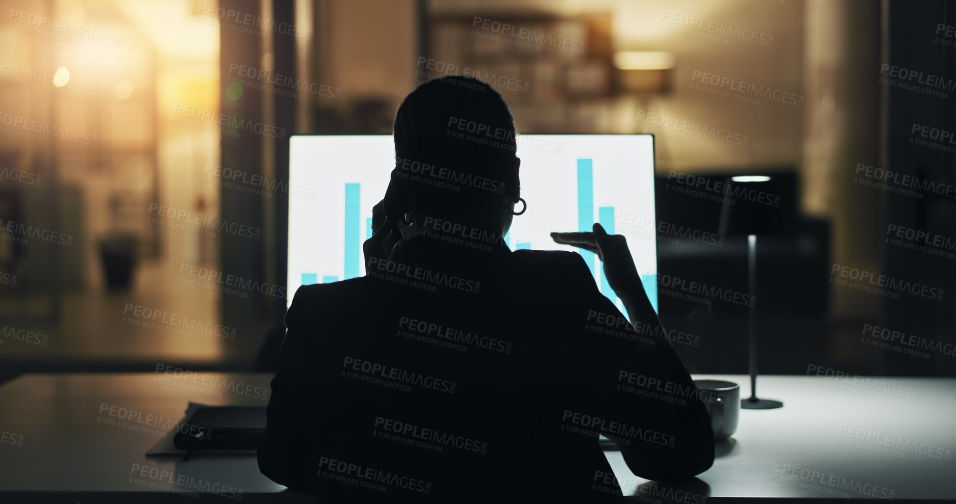 Buy stock photo Business person, phone call and silhouette at office with finance, graphs or back at night with computer screen. Investor, smartphone and talk with trading stats, charts and feedback at agency
