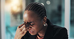 Stress, headache and black woman in office at night with finance report deadline for client. Burnout, migraine and African female financial manager with exhaustion for investment proposal mistake.