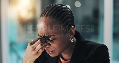 Buy stock photo Stress, headache and black woman in office at night with finance report deadline for client. Burnout, migraine and African female financial manager with exhaustion for investment proposal mistake.