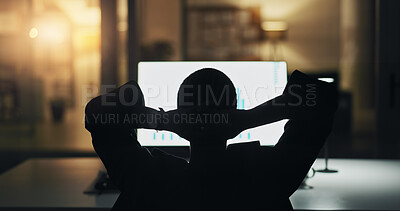 Buy stock photo Computer screen, relax and stretching with business person at night, finish trading or graphs. Wait, back or calm worker in office or stock broker complete investment analysis for finance on overtime