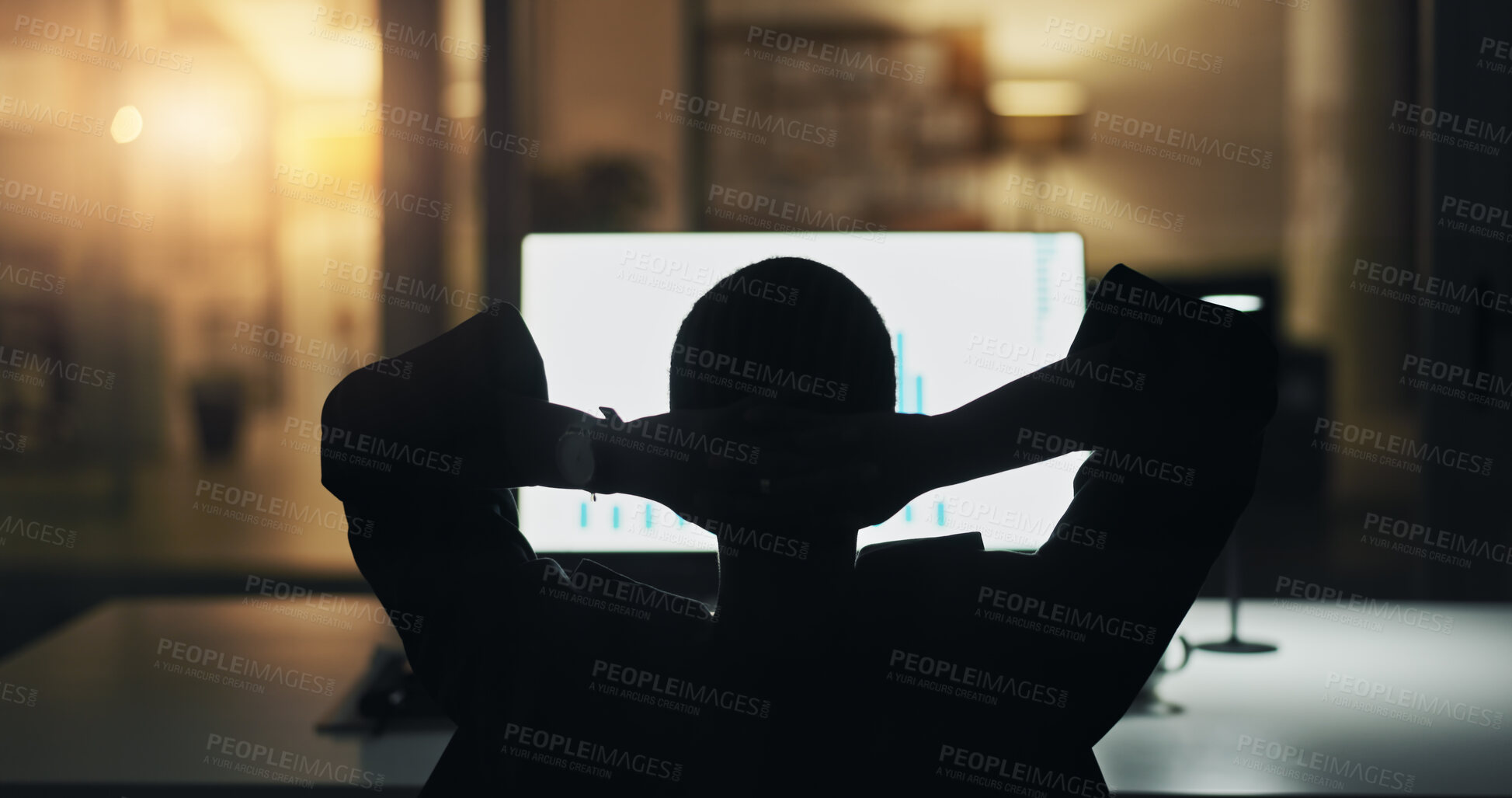 Buy stock photo Computer screen, relax and stretching with business person at night, finish trading or graphs. Wait, back or calm worker in office or stock broker complete investment analysis for finance on overtime