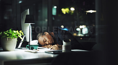 Tired, black woman and sleeping in office at night for rest, dreaming and exhausted of deadline. Female person, fatigue and workaholic nap for break, employee burnout and low energy from working late