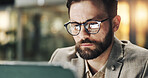 Laptop, glasses and night with business man in office for planning, insurance broker and feedback. Portfolio analysis, research and overtime with person in agency for client application and review