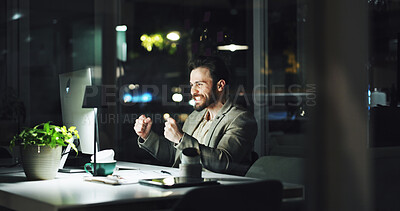 Buy stock photo Happy, businessman or winning with computer at night for promotion or bonus in office. Excited, man or employee working late with fist pump for business success, celebration or good news in workplace