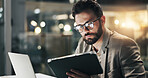 Tablet, glasses and reading with business man in office for planning, insurance broker and night. Portfolio analysis, research and overtime with person in agency for client application and review