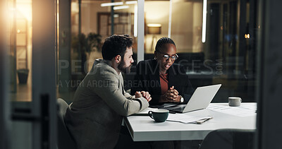 Buy stock photo Feedback, night and business people on laptop for review, planning and proposal deadline. Office discussion, working late and woman with man on tech for research, project budget and financial report