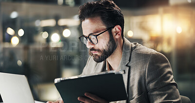 Buy stock photo Business, man and tablet with laptop in office for market data comparison, trading and research. Overtime, night trader and digital tech for economy news, investment account or search currency prices