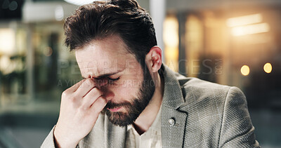 Buy stock photo Businessman, night or headache with stress for deadline, finance or corporate debt in office. Frustrated, man or financial analyst working late with migraine, error or pressure for company bankruptcy