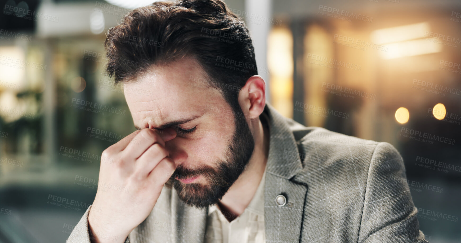 Buy stock photo Businessman, night or headache with stress for deadline, finance or corporate debt in office. Frustrated, man or financial analyst working late with migraine, error or pressure for company bankruptcy