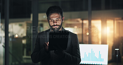 Buy stock photo Business, man and tablet in office at night for market data, search stock prices or trading account. Overtime, trader and graph screen for economic statistics, currency exchange rates and investment