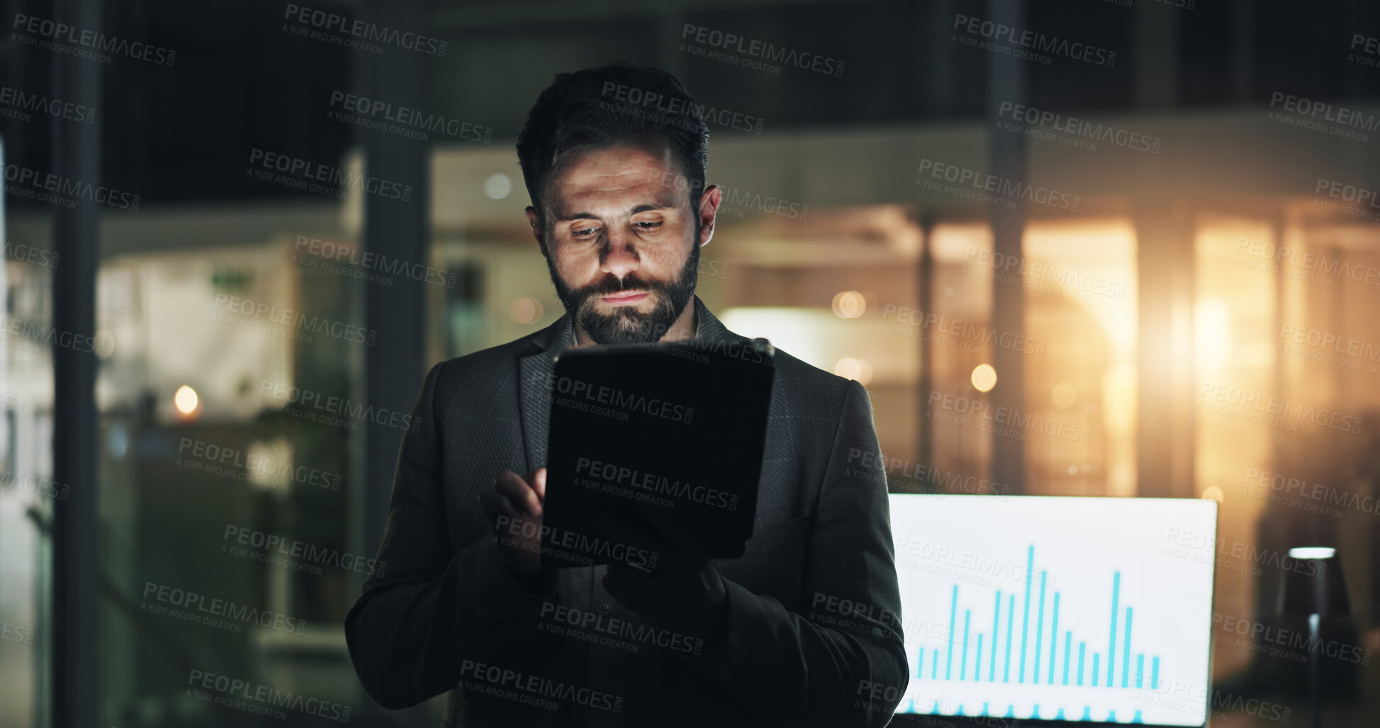 Buy stock photo Business, man and tablet in office at night for market data, search stock prices or trading account. Overtime, trader and graph screen for economic statistics, currency exchange rates and investment