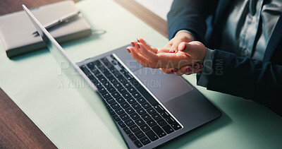Buy stock photo Massage, hands and employee with injury, office and discomfort of muscle strain, RSI and joint pain. Above, worker and person with carpal tunnel syndrome, accident and palm with tension in business