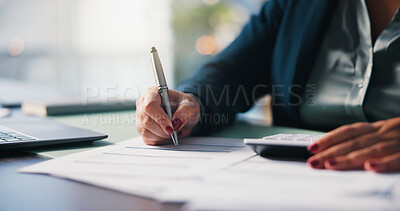 Buy stock photo Office, employee and hands with documents, signing or agreement for terms or investment opportunity. Business, accountant and person with legal paperwork, table and approval of financial records