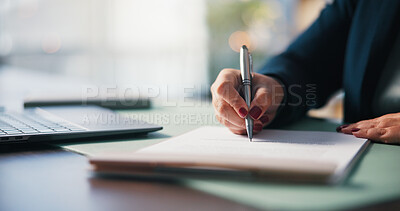 Buy stock photo Office, approval and hands with document, signing and employee with terms or investment opportunity. Business, accountant and person with legal paperwork, table and agreement for financial records