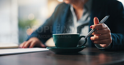 Buy stock photo Office, lawyer and hands with coffee, morning and employee with hot beverage, productivity and info. Corporate, attorney and person with tea cup, desk and warm liquid to start day at work or law firm