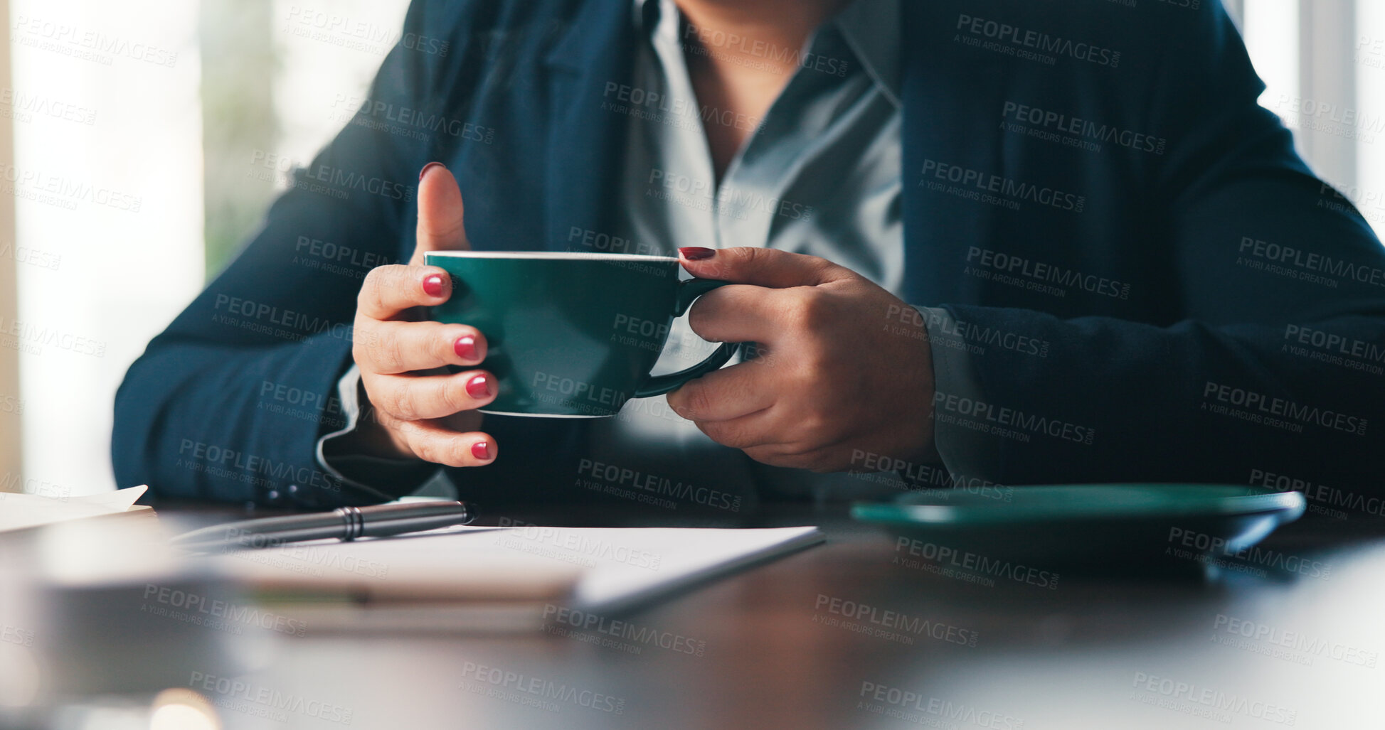 Buy stock photo Office, employee and hands with coffee, morning or lawyer with hot beverage, productivity and latte. Corporate, attorney and person with tea cup, desk and mug to start day at work or law firm
