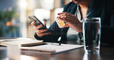 Buy stock photo Hands, phone and business woman with pills at desk for research, side effects or treatment info online. Supplements, medication and professional person with mobile for prescription medicine database