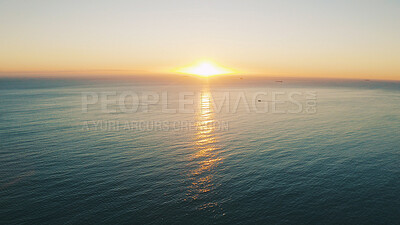 Buy stock photo Sunset, sky and background of ocean with horizon for travel destination, holiday location and mockup. Space, waves and sea in natural environment with dusk scenery, beach ripples and vacation getaway