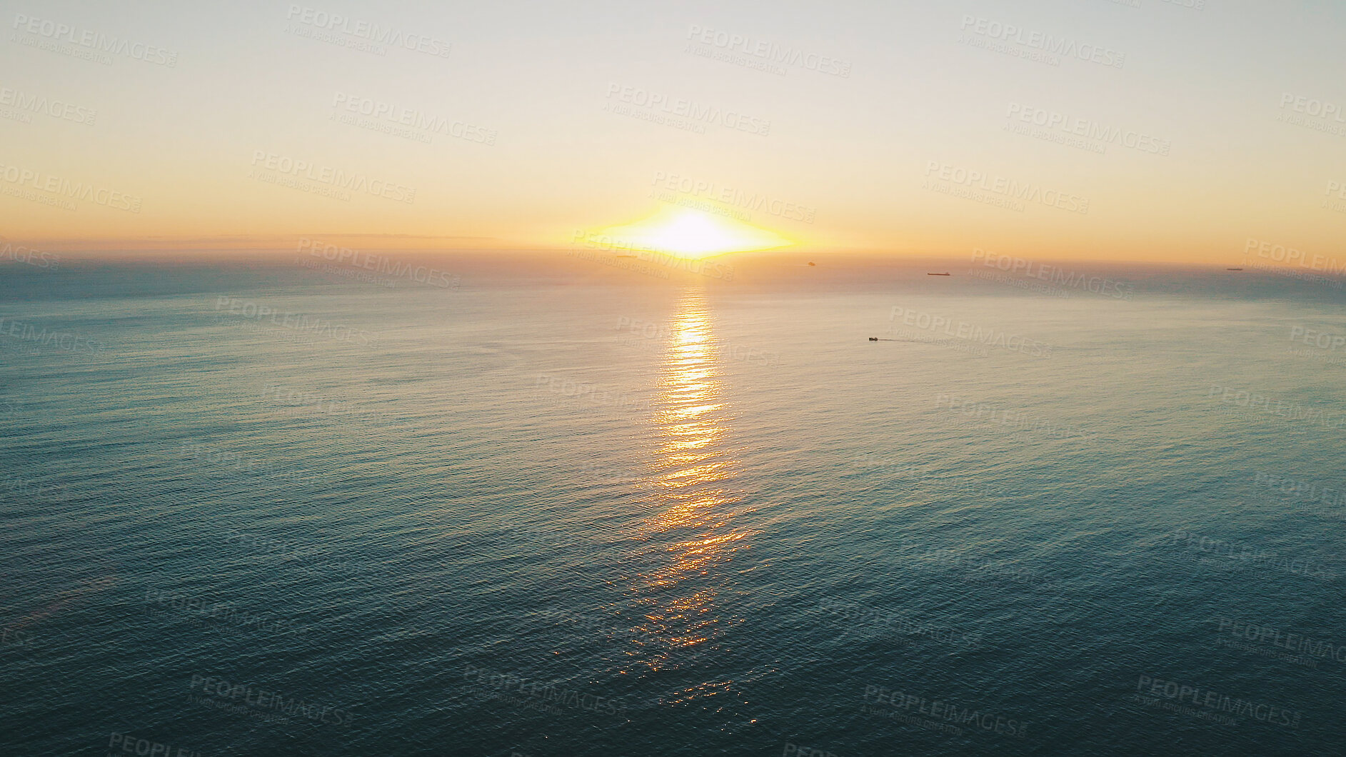 Buy stock photo Sunset, sky and background of ocean with horizon for travel destination, holiday location and mockup. Space, waves and sea in natural environment with dusk scenery, beach ripples and vacation getaway