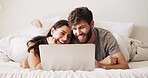 Couple, laughing and movie with laptop in bed for weekend break, comedy series and connection. Bonding, people and technology in home for watching film, funny show and healthy relationship in bedroom
