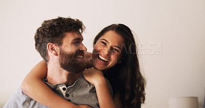 Buy stock photo Love, hug and couple with laughing in home for funny conversation, bonding together and security. Space, happy people and portrait in house with embrace, connection and support with relationship joke