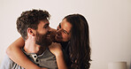 Romance, hug and couple with laughing in home for funny conversation, bonding together and love. Space, happy people and embrace in apartment with affection, connection and commitment with support