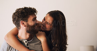 Buy stock photo Romance, hug and couple with laughing in home for funny conversation, bonding together and love. Space, happy people and embrace in apartment with affection, connection and commitment with support
