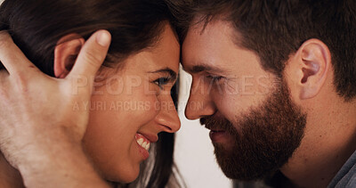 Buy stock photo Forehead, love and romance with smile of couple in home bedroom together for bonding or safety. Connection, security or trust with man and woman in apartment for anniversary, honeymoon or wellness